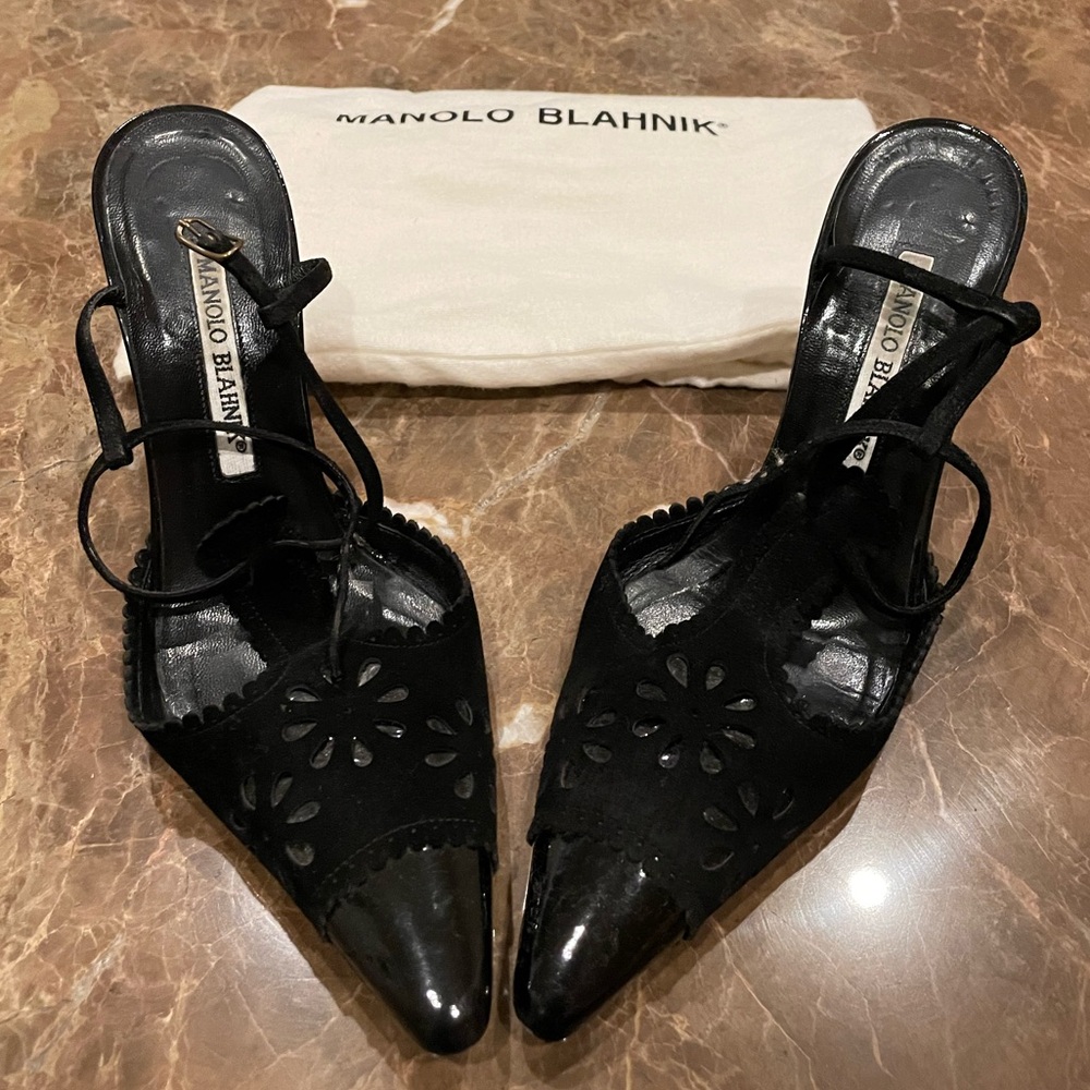 Manolo Blahnik Black Suede Pumps with T-strap and Floral Embellishment